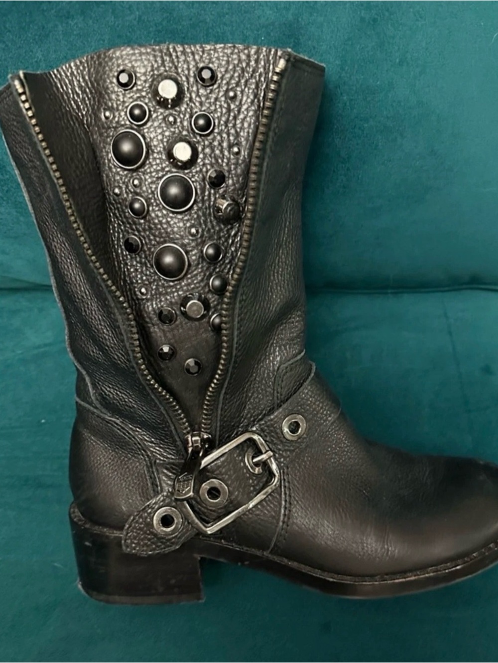 Vince Camuto Black Leather “Walt”Moto Boots with Mixed Metal and Stud Details